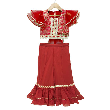 Elaisha Woven Brocade Half Sleeves Embellished Top With Palazzo-Red