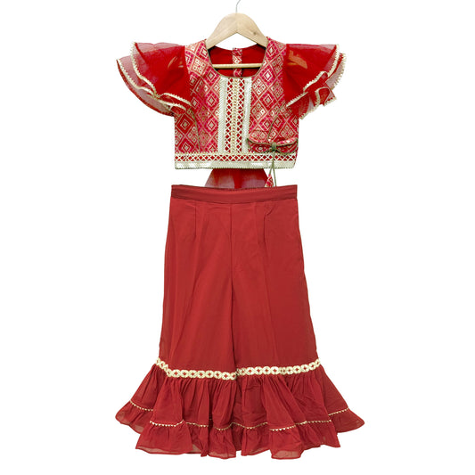 Elaisha Woven Brocade Half Sleeves Embellished Top With Palazzo-Red