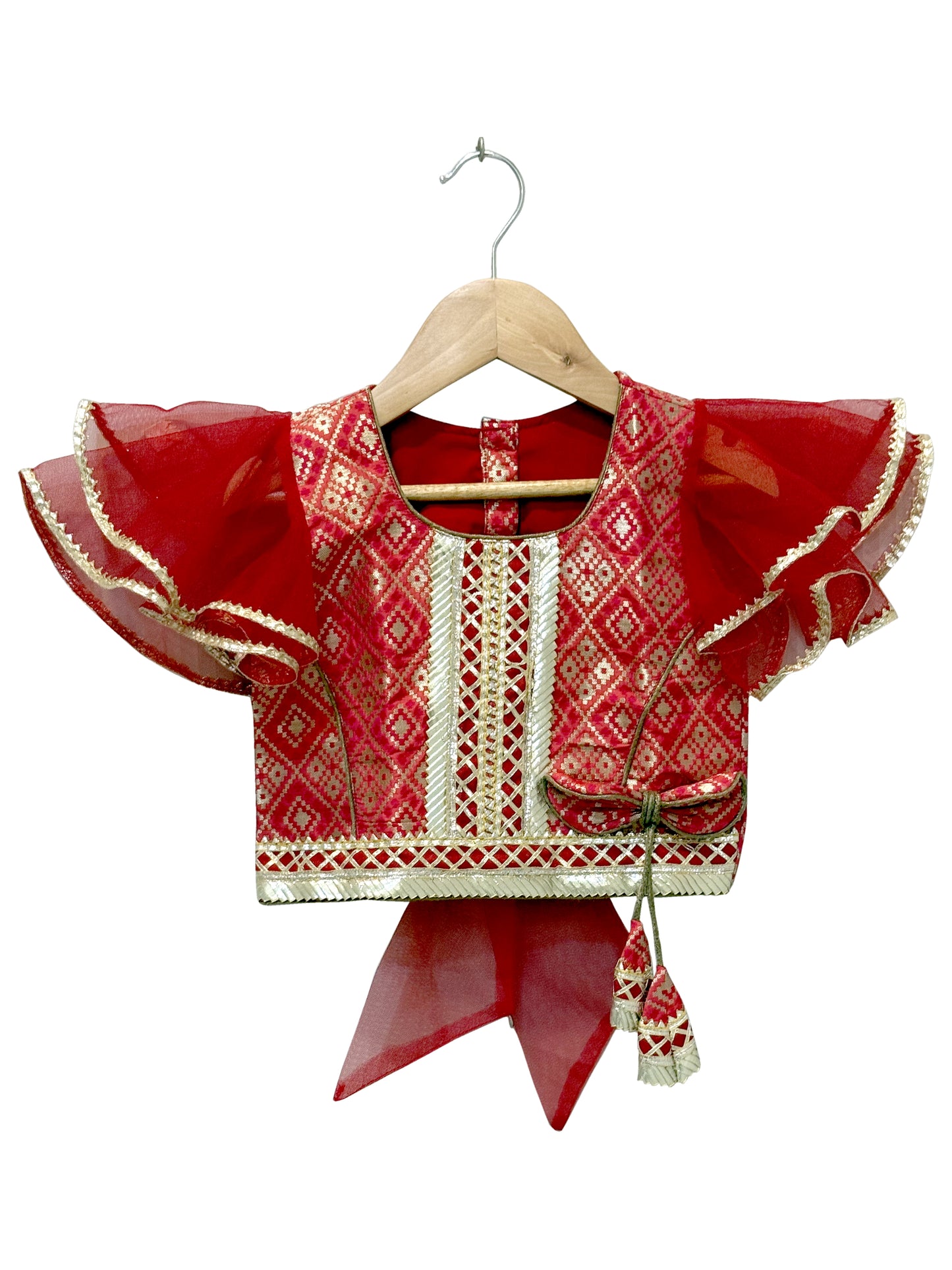 Elaisha Woven Brocade Half Sleeves Embellished Top With Palazzo-Red
