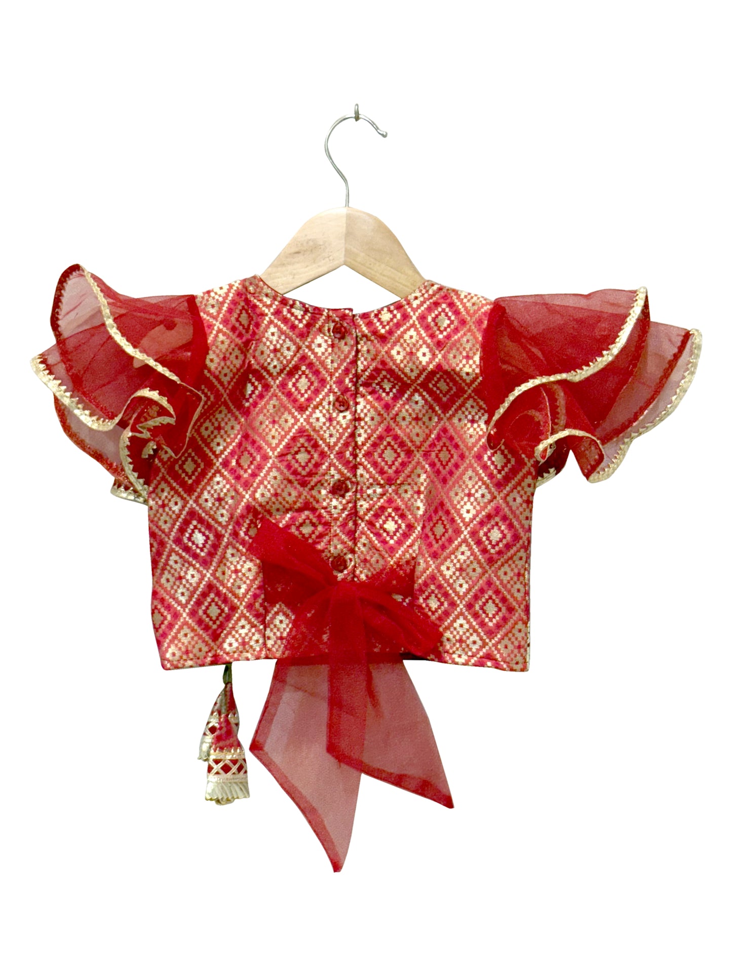 Elaisha Woven Brocade Half Sleeves Embellished Top With Palazzo-Red