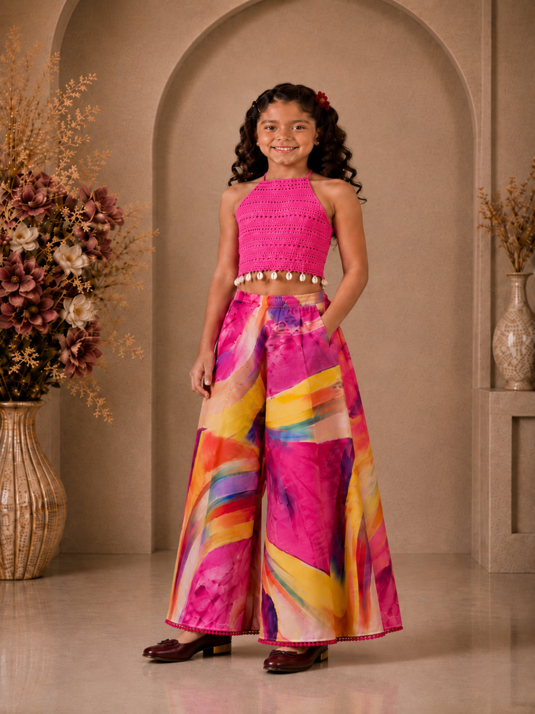 Elaisha Girls Woven  Sleeveless All Over Embroidered Kuadi Attached Top With  Printed Palazzo -Pink & Multicolour