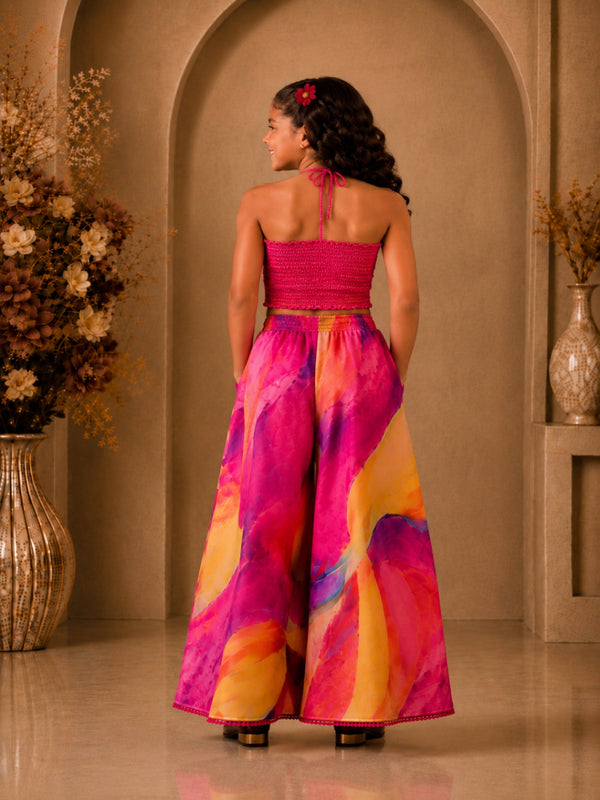 Elaisha Girls Woven  Sleeveless All Over Embroidered Kuadi Attached Top With  Printed Palazzo -Pink & Multicolour