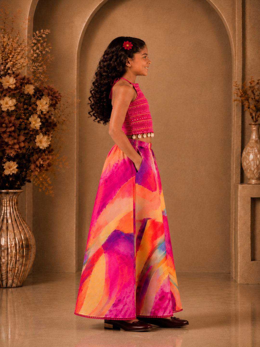 Elaisha Girls Woven  Sleeveless All Over Embroidered Kuadi Attached Top With  Printed Palazzo -Pink & Multicolour