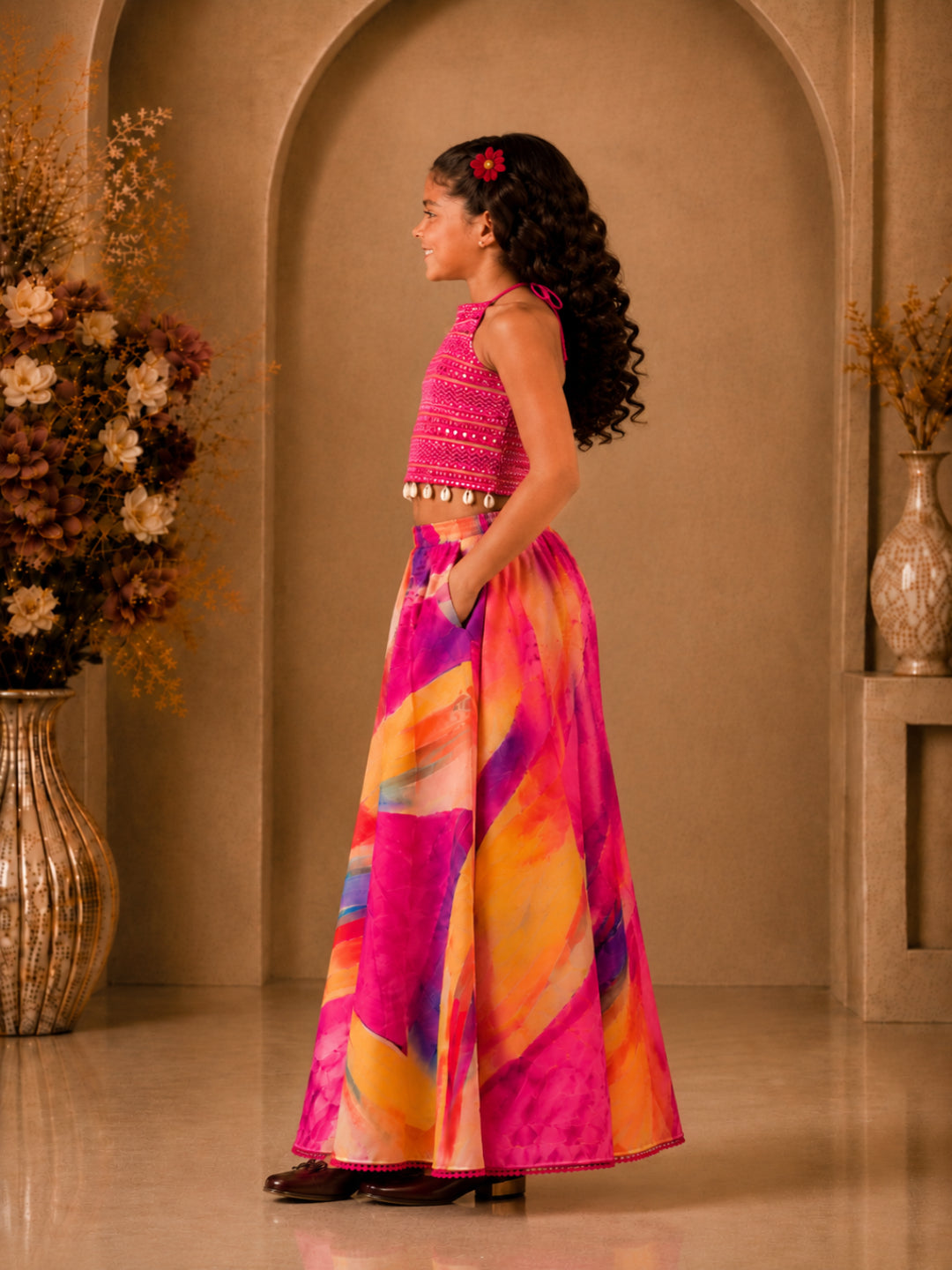 Elaisha Girls Woven  Sleeveless All Over Embroidered Kuadi Attached Top With  Printed Palazzo -Pink & Multicolour