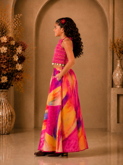 Elaisha Girls Woven  Sleeveless All Over Embroidered Kuadi Attached Top With  Printed Palazzo -Pink & Multicolour