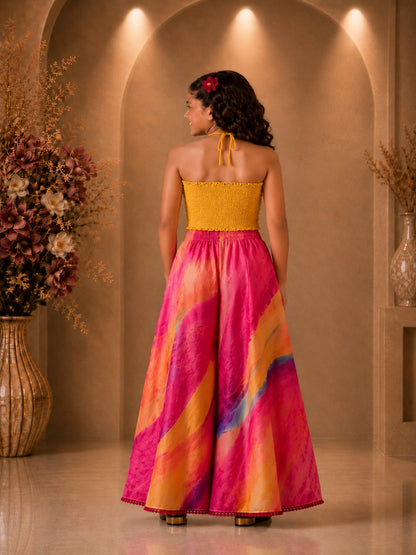 Elaisha Girls Woven  Sleeveless All Over Embroidered Kuadi Attached Top With  Printed Palazzo -Yellow & Multicolour