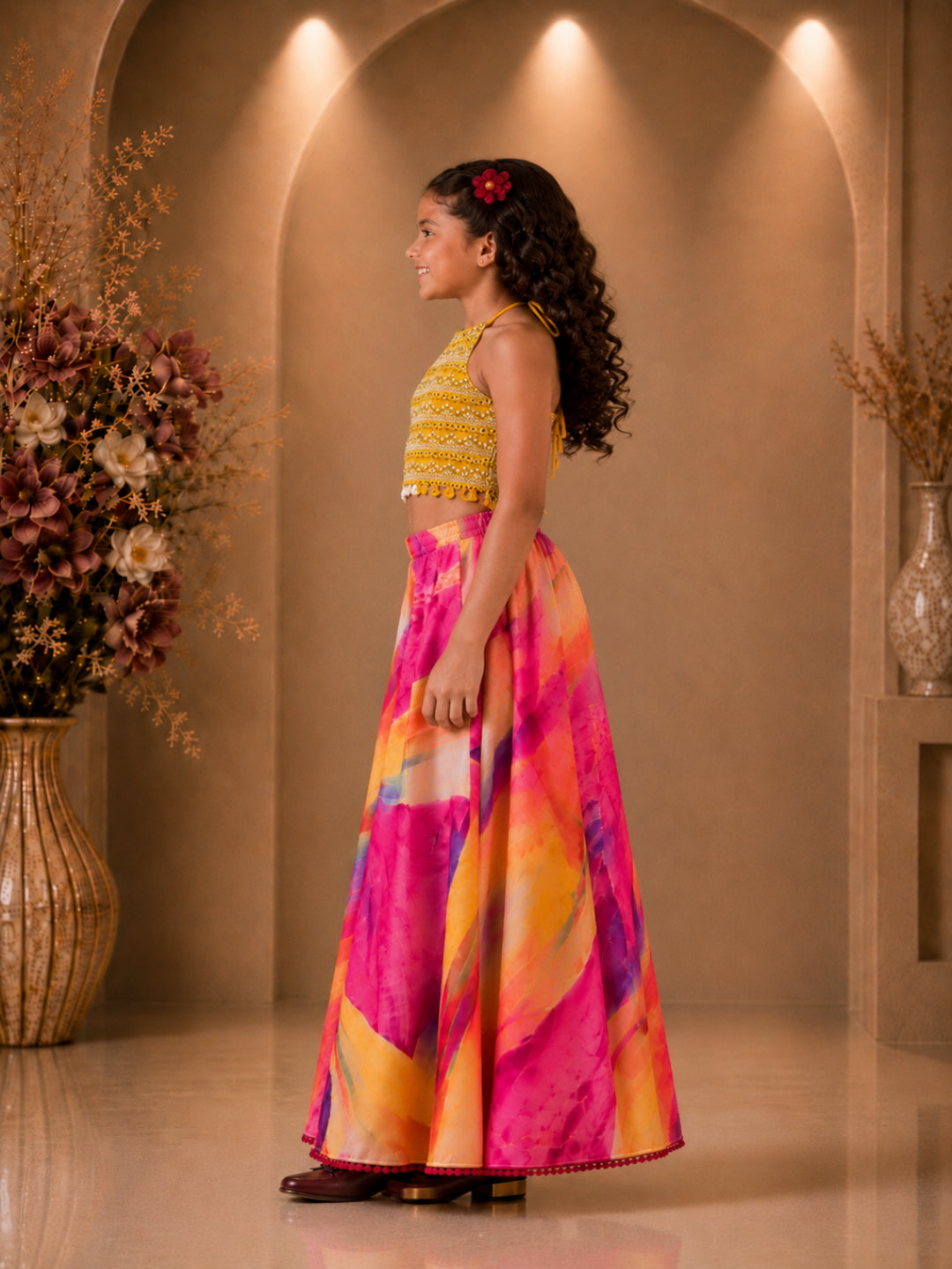 Elaisha Girls Woven  Sleeveless All Over Embroidered Kuadi Attached Top With  Printed Palazzo -Yellow & Multicolour