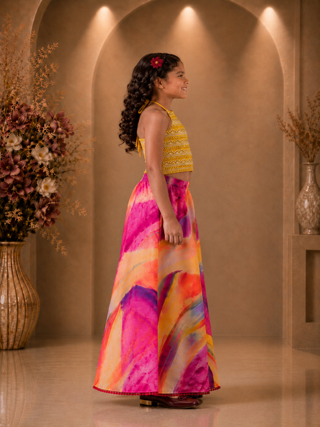 Elaisha Girls Woven  Sleeveless All Over Embroidered Kuadi Attached Top With  Printed Palazzo -Yellow & Multicolour