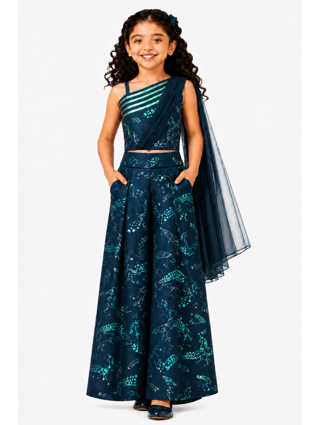 Elaisha Girls Woven Sleeveless All Over Unicorn Print Top With Drapped Dupatta & Unicorn Print Palazzo Set - Navy Blue