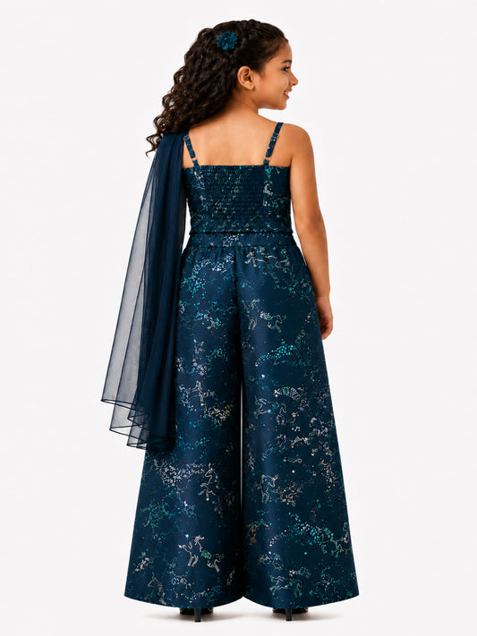 Elaisha Girls Woven Sleeveless All Over Unicorn Print Top With Drapped Dupatta & Unicorn Print Palazzo Set - Navy Blue