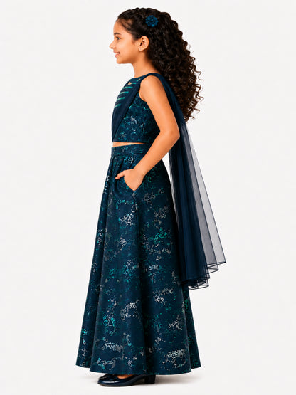 Elaisha Girls Woven Sleeveless All Over Unicorn Print Top With Drapped Dupatta & Unicorn Print Palazzo Set - Navy Blue