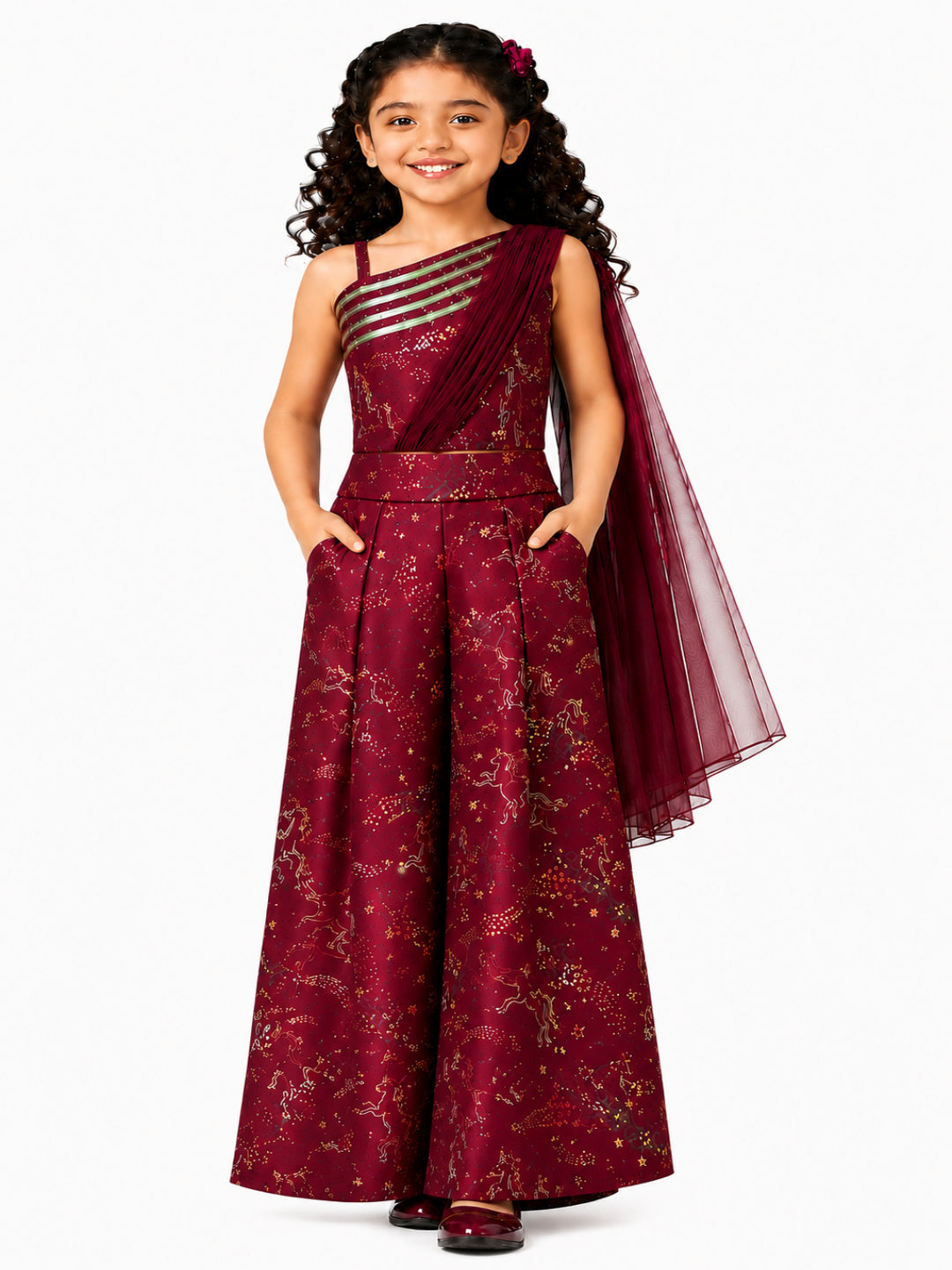 Elaisha Girls Woven Sleeveless All Over Unicorn Print Top With Drapped Dupatta & Unicorn Print Palazzo Set - Maroon