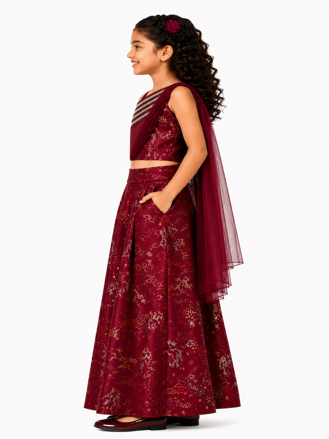 Elaisha Girls Woven Sleeveless All Over Unicorn Print Top With Drapped Dupatta & Unicorn Print Palazzo Set - Maroon