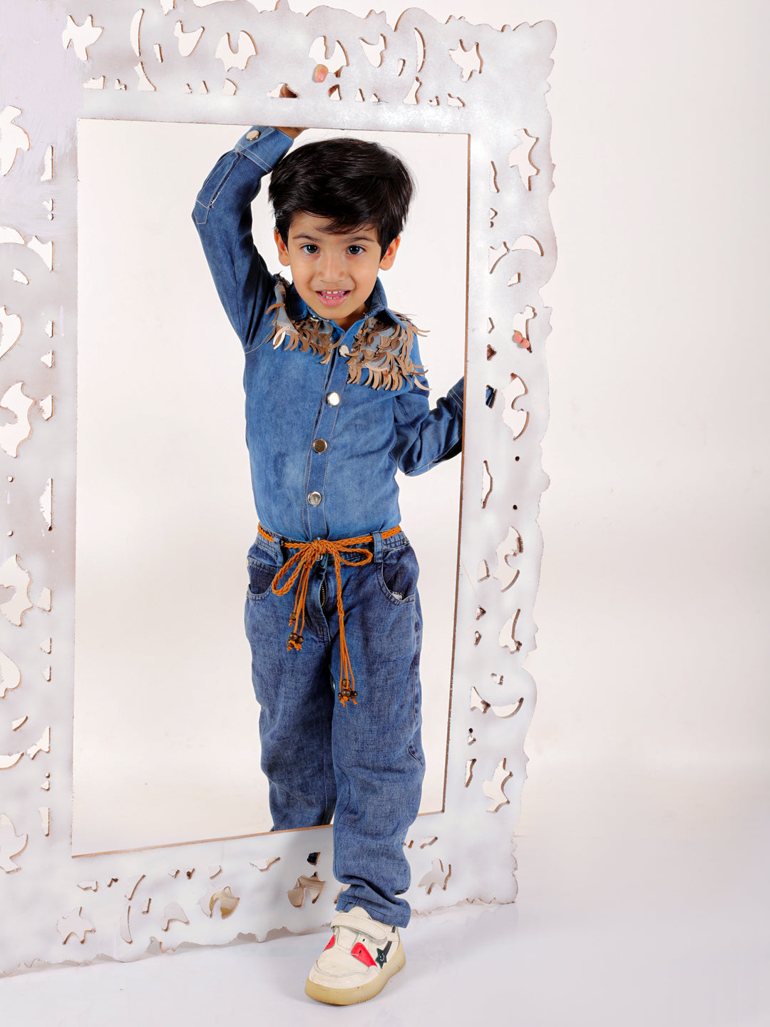 Elaisha Boys Emebellished Fringe Long Sleeves Denim Shirt & Jeans - Blue