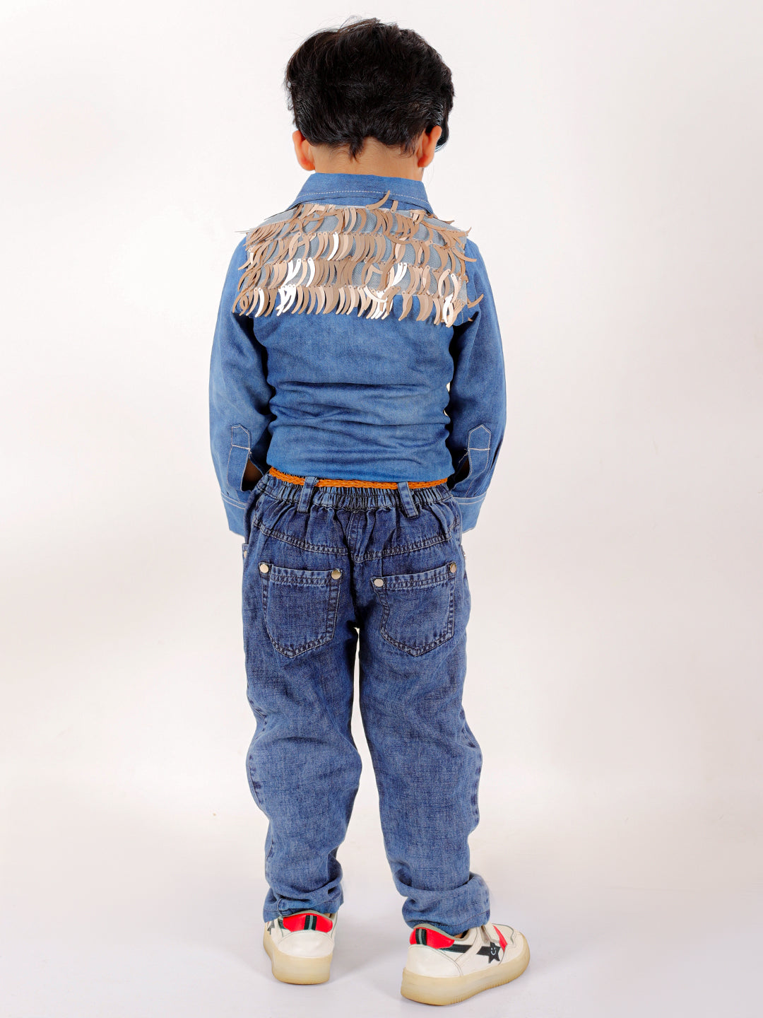 Elaisha Boys Emebellished Fringe Long Sleeves Denim Shirt & Jeans - Blue