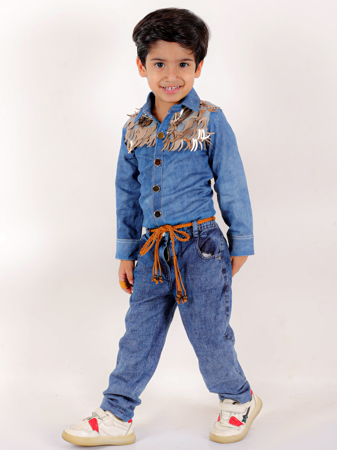 Elaisha Boys Emebellished Fringe Long Sleeves Denim Shirt & Jeans - Blue