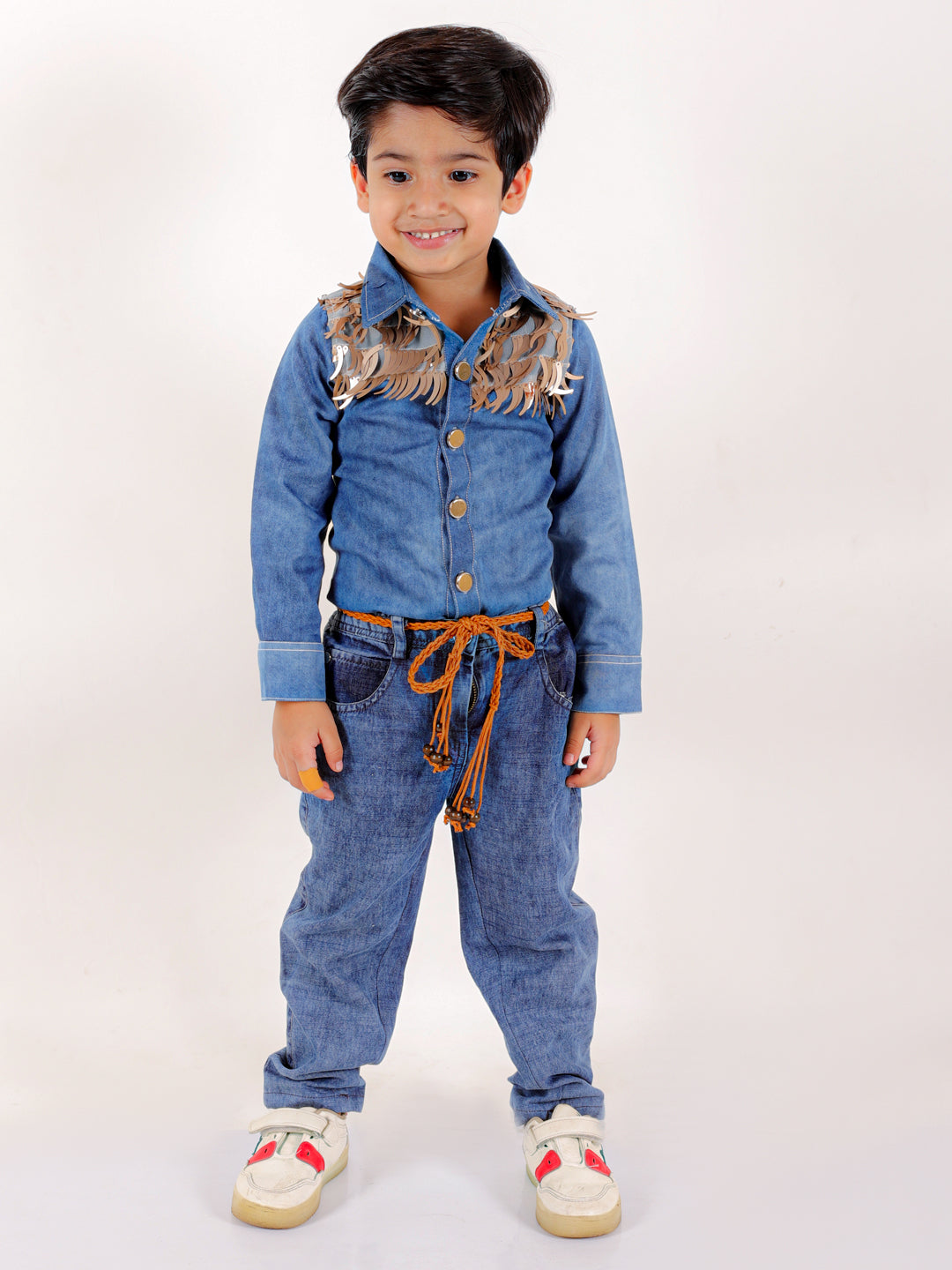 Elaisha Boys Emebellished Fringe Long Sleeves Denim Shirt & Jeans - Blue