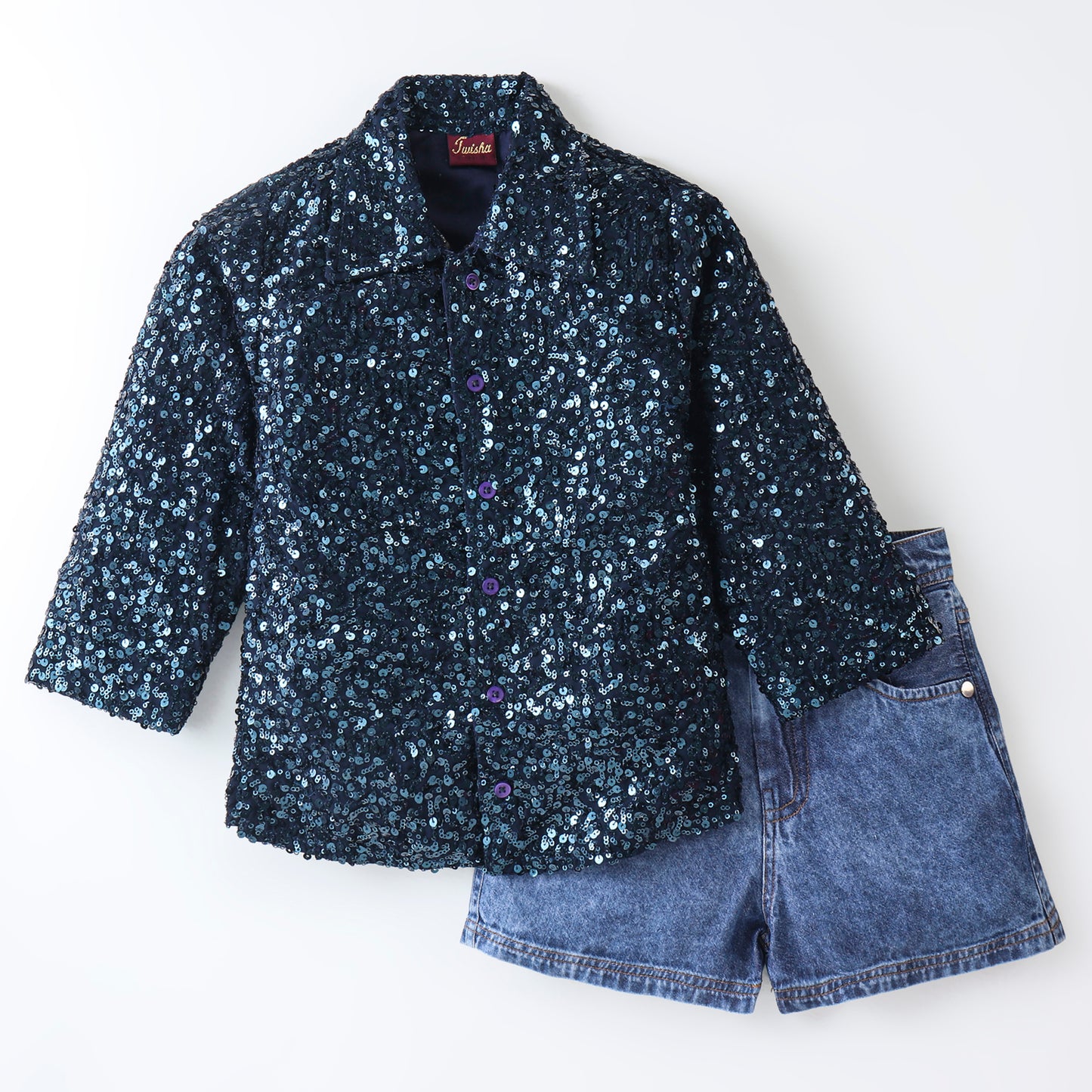 Elaisha Boys Long Sleeves Sequin Shirt & Shorts - Navy Blue & Blue