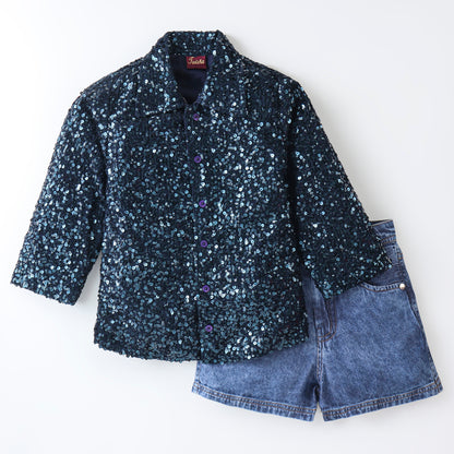 Elaisha Boys Navy Blue Sequin Long Sleeve Shirt & Shorts Set