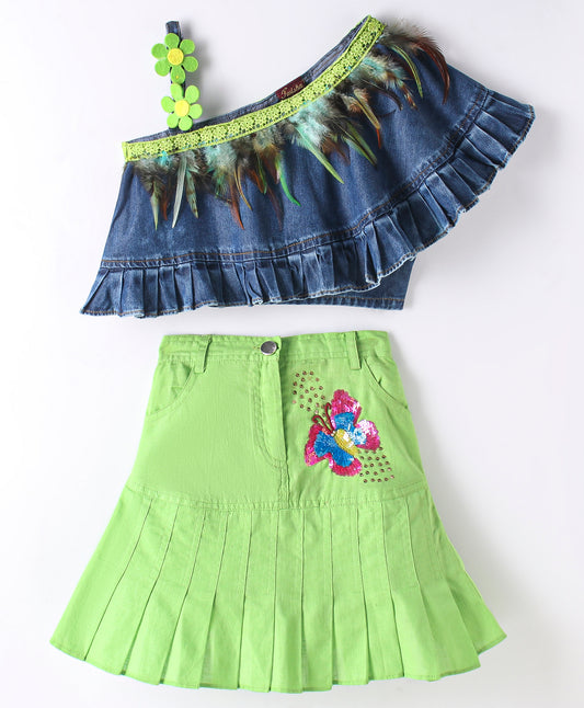 Elaisha Woven Embellished Denim Top  With  Skirt With Beautiful Butterfly Patch - Blue & Limegreen