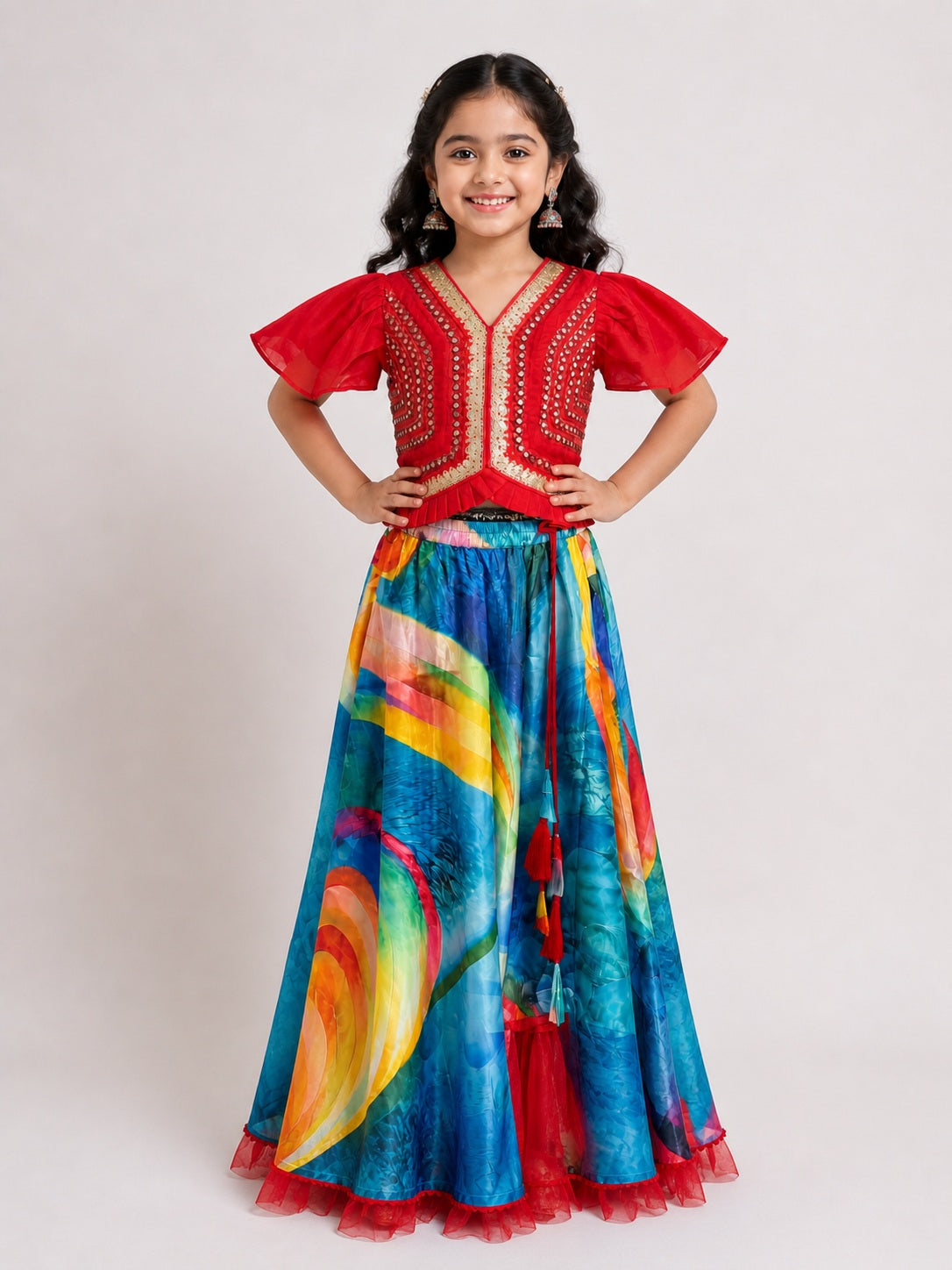 Elaisha Girls woven  Butterfly sleeves Embroidered Top & Printed Lehenga-Red and Blue
