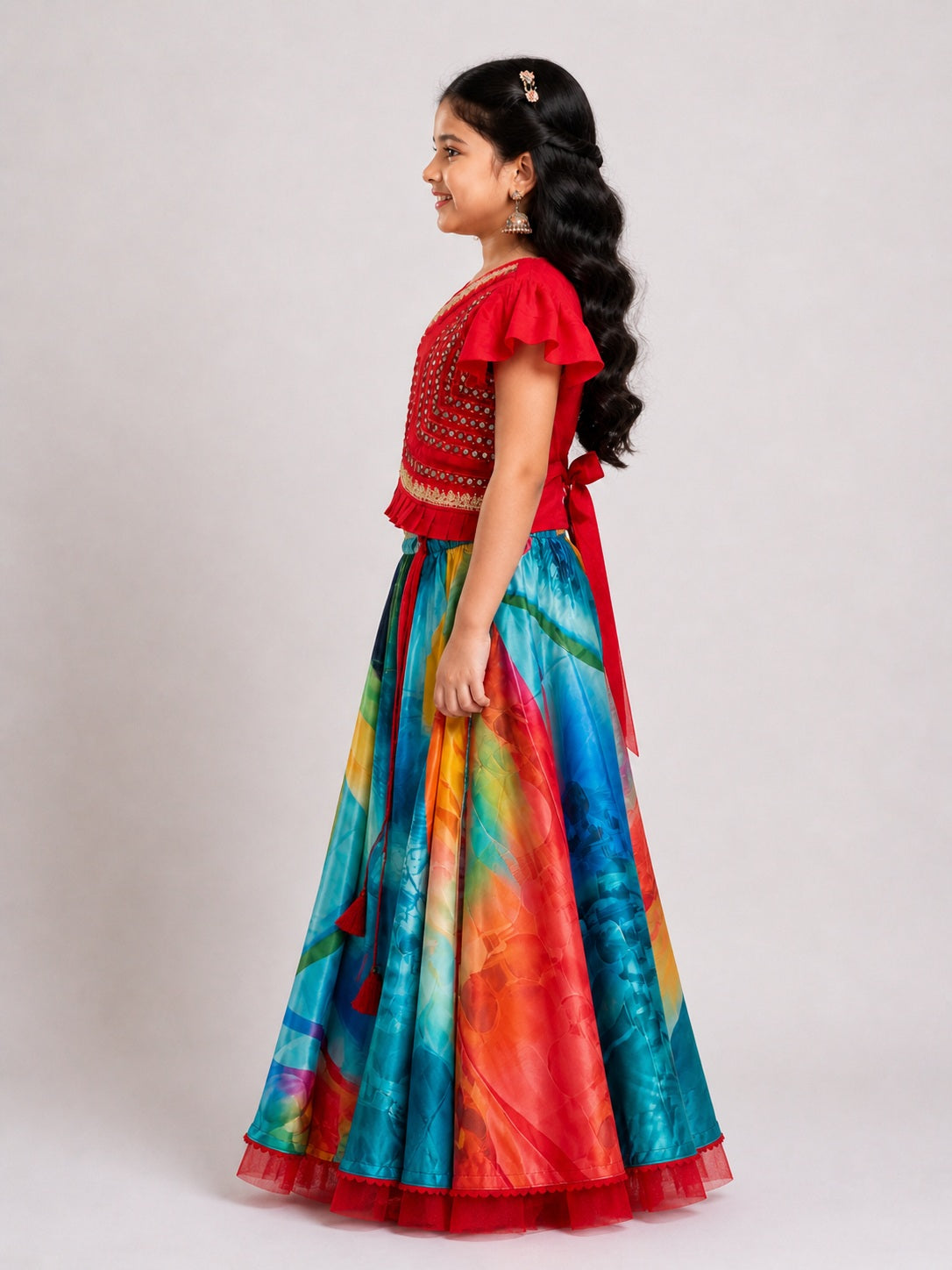 Elaisha Girls woven  Butterfly sleeves Embroidered Top & Printed Lehenga-Red and Blue