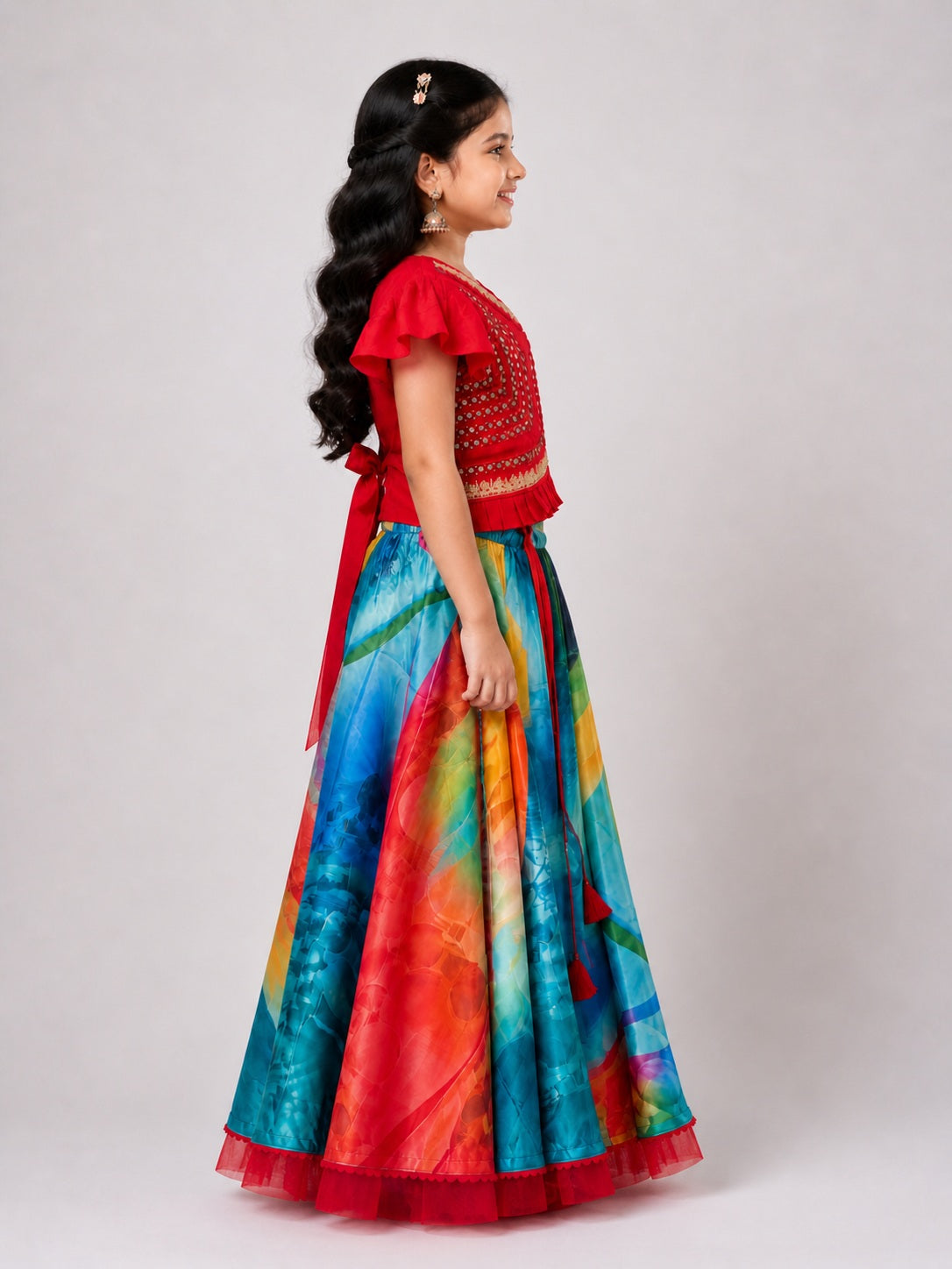 Elaisha Girls woven  Butterfly sleeves Embroidered Top & Printed Lehenga-Red and Blue