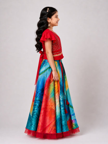 Elaisha Girls woven  Butterfly sleeves Embroidered Top & Printed Lehenga-Red and Blue