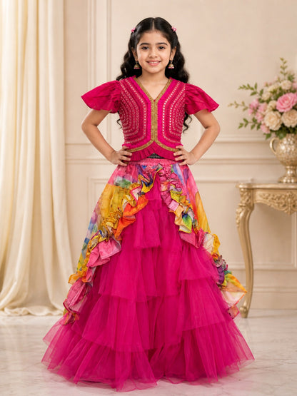 Elaisha Girls woven  Butterfly sleeves Embroidered Top  & Printed Ruffles Lehenga-Pink and Multi