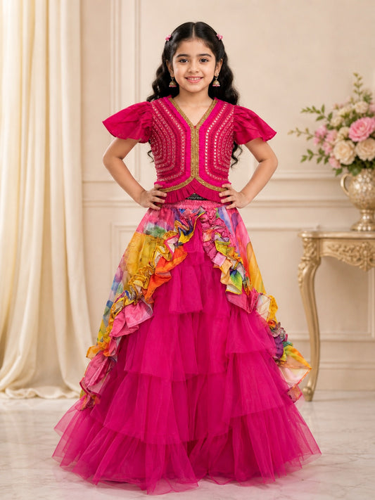 Elaisha Girls woven  Butterfly sleeves Embroidered Top  & Printed Ruffles Lehenga-Pink and Multi