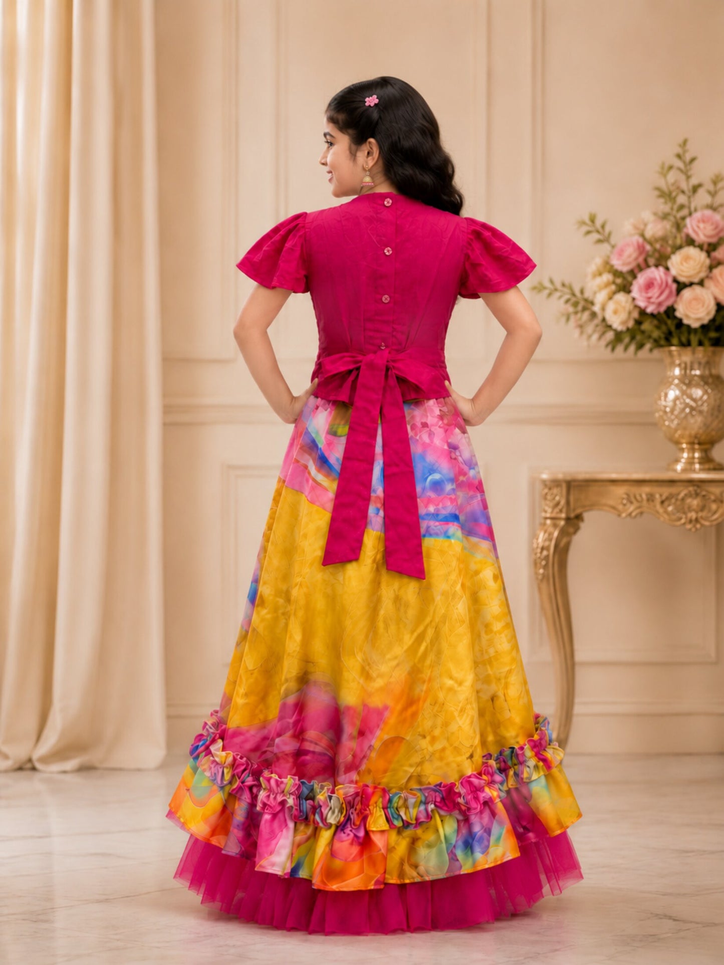 Elaisha Girls woven  Butterfly sleeves Embroidered Top  & Printed Ruffles Lehenga-Pink and Multi