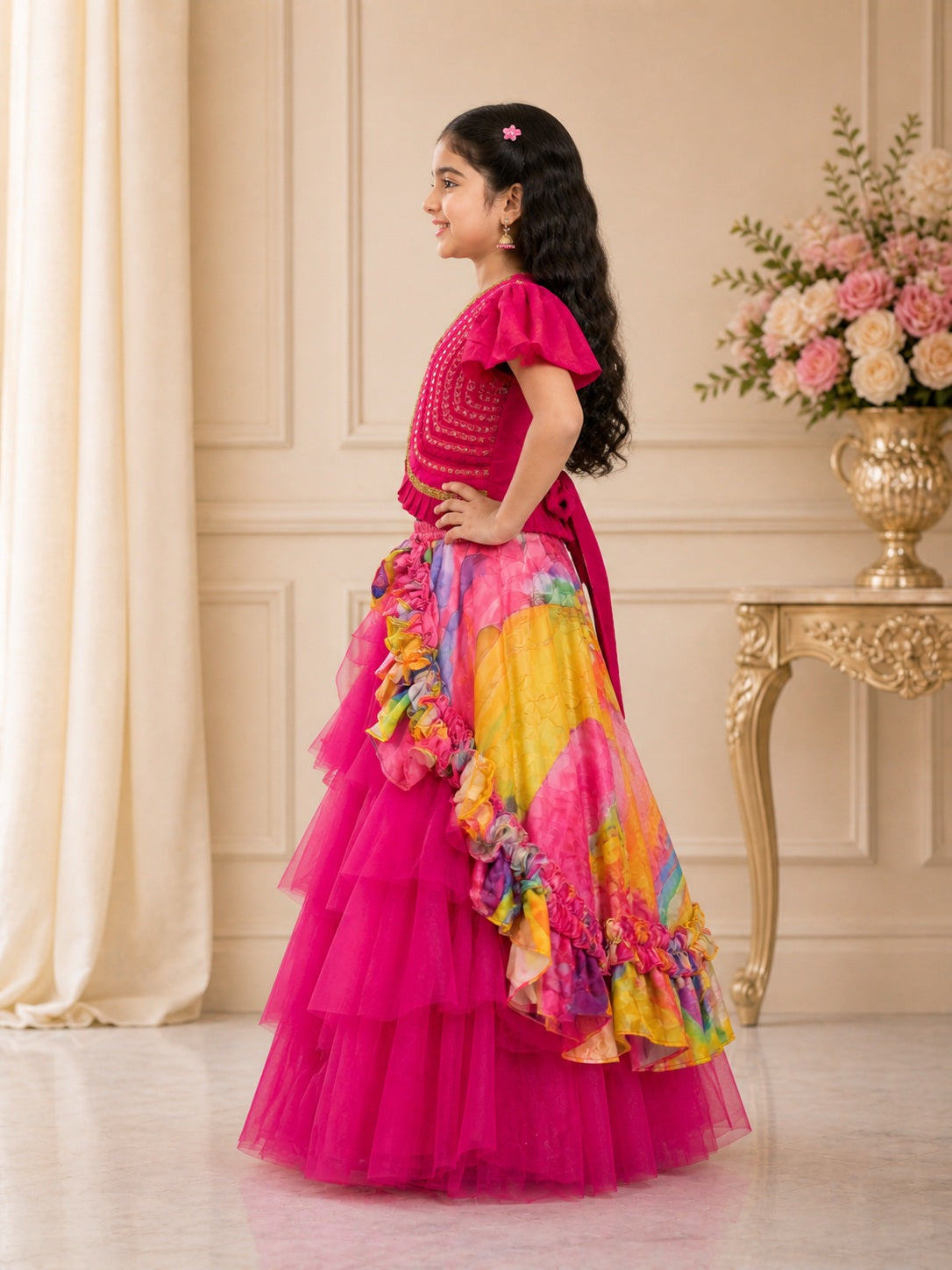 Elaisha Girls woven  Butterfly sleeves Embroidered Top  & Printed Ruffles Lehenga-Pink and Multi