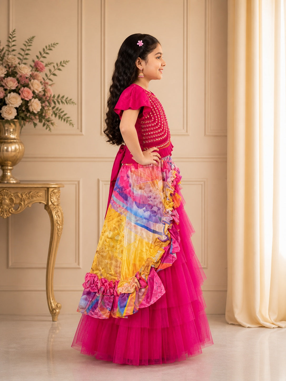 Elaisha Girls woven  Butterfly sleeves Embroidered Top  & Printed Ruffles Lehenga-Pink and Multi