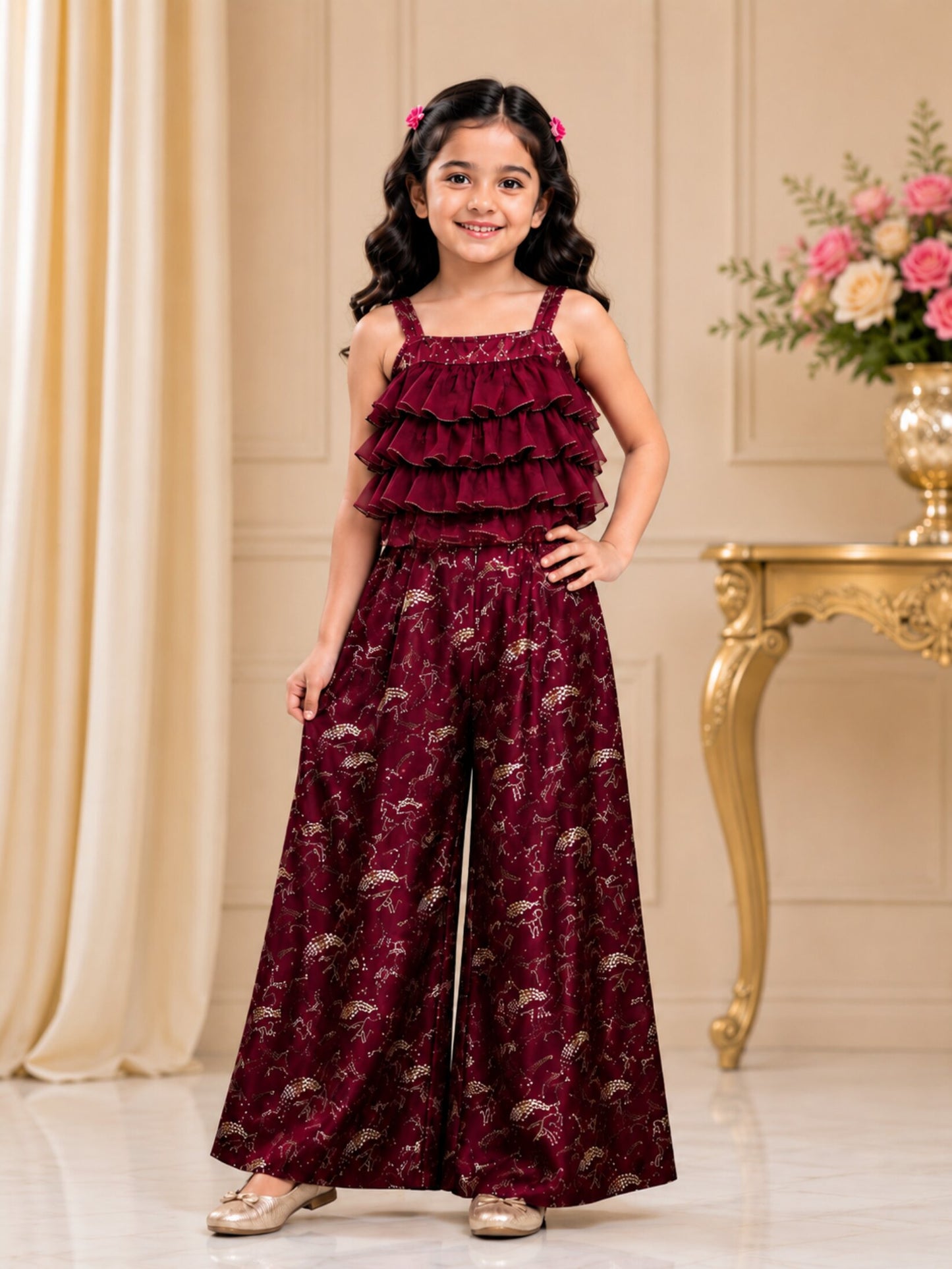 Elaisha Girls Woven Satin Printed Ruffled Jumpsuit -Maroon