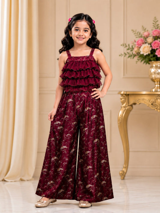 Elaisha Girls Woven Satin Printed Ruffled Jumpsuit -Maroon