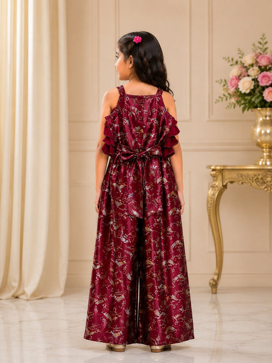 Elaisha Girls Woven Satin Printed Ruffled Jumpsuit -Maroon
