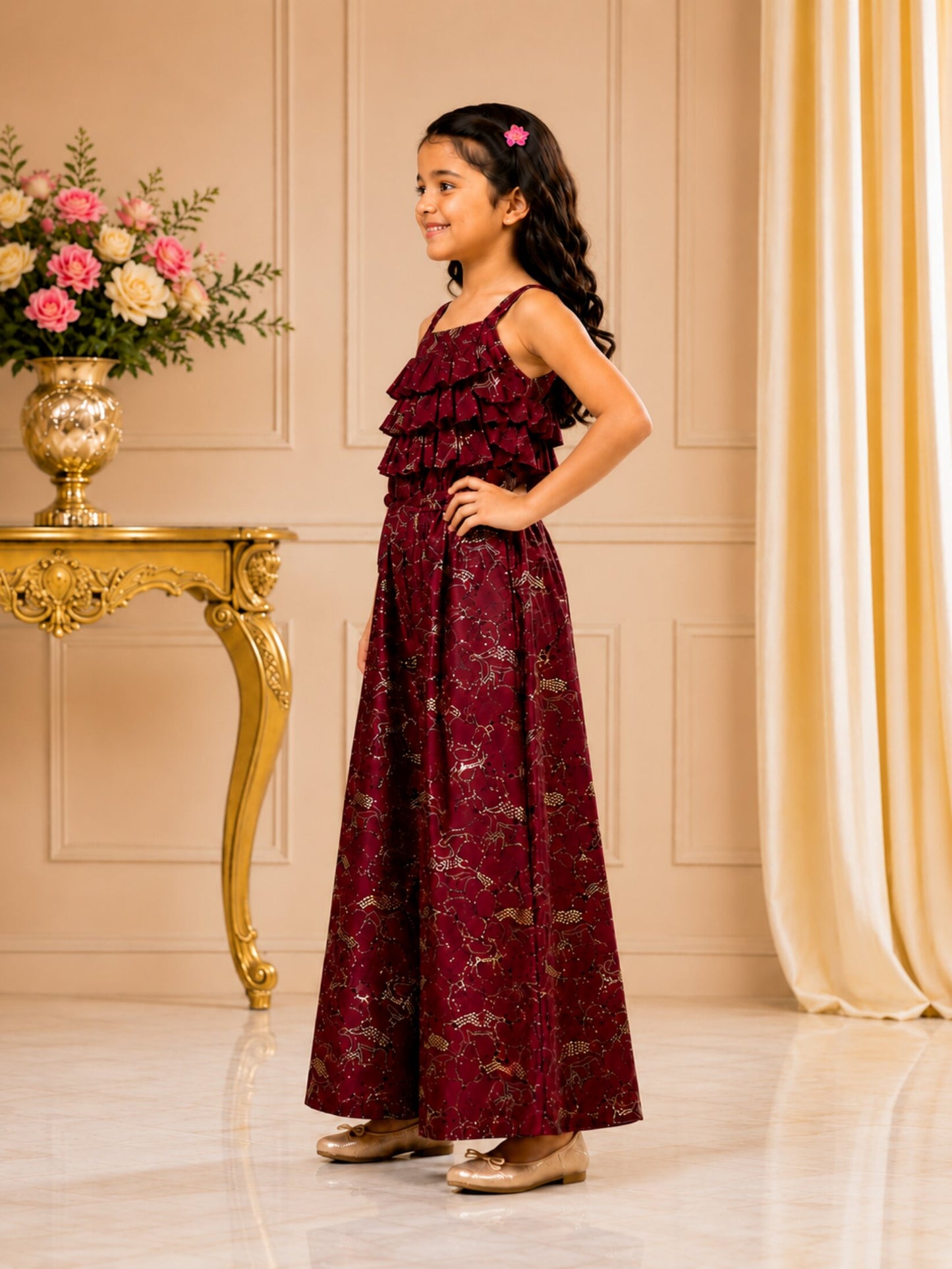 Elaisha Girls Woven Satin Printed Ruffled Jumpsuit -Maroon