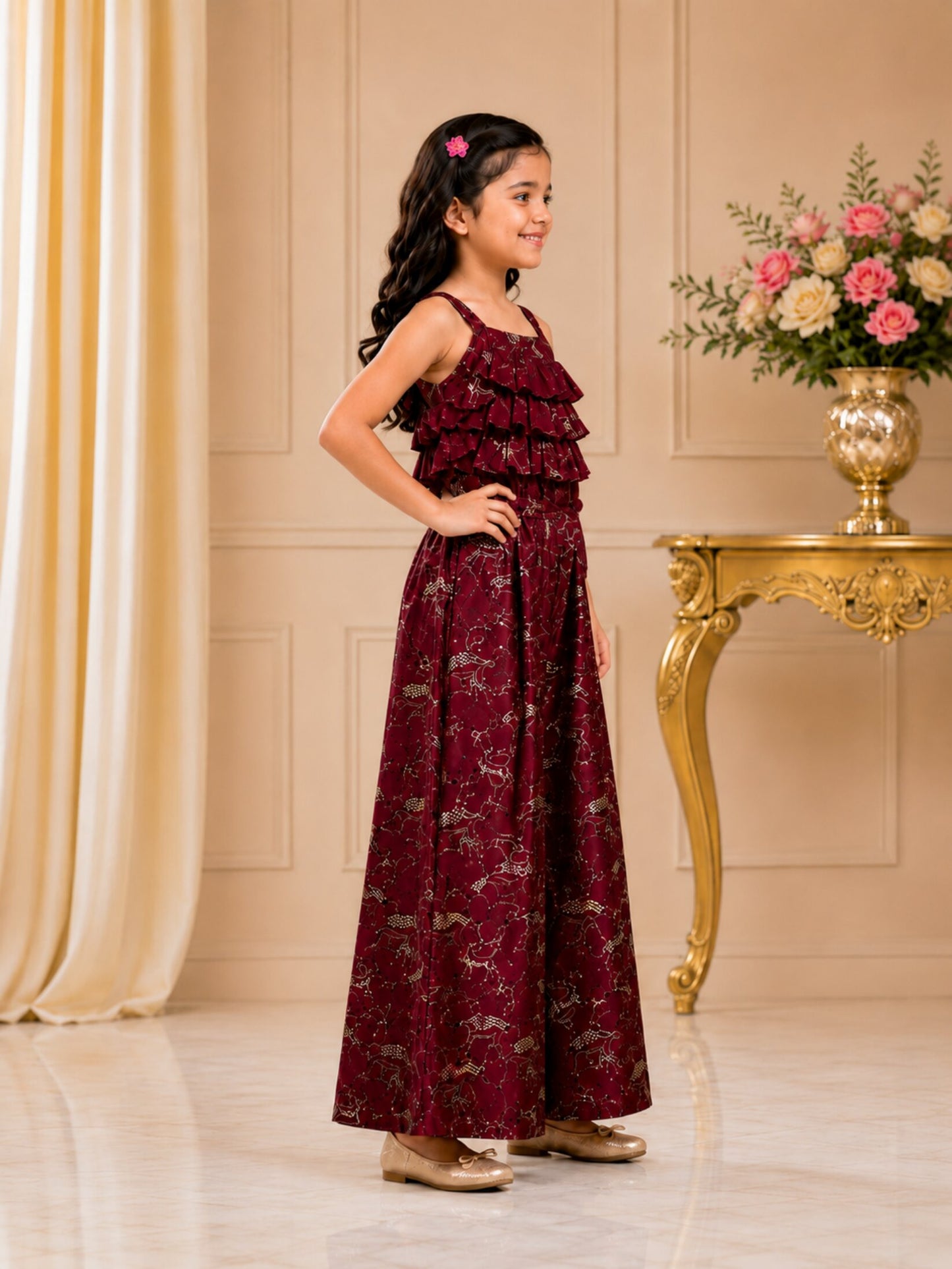 Elaisha Girls Woven Satin Printed Ruffled Jumpsuit -Maroon