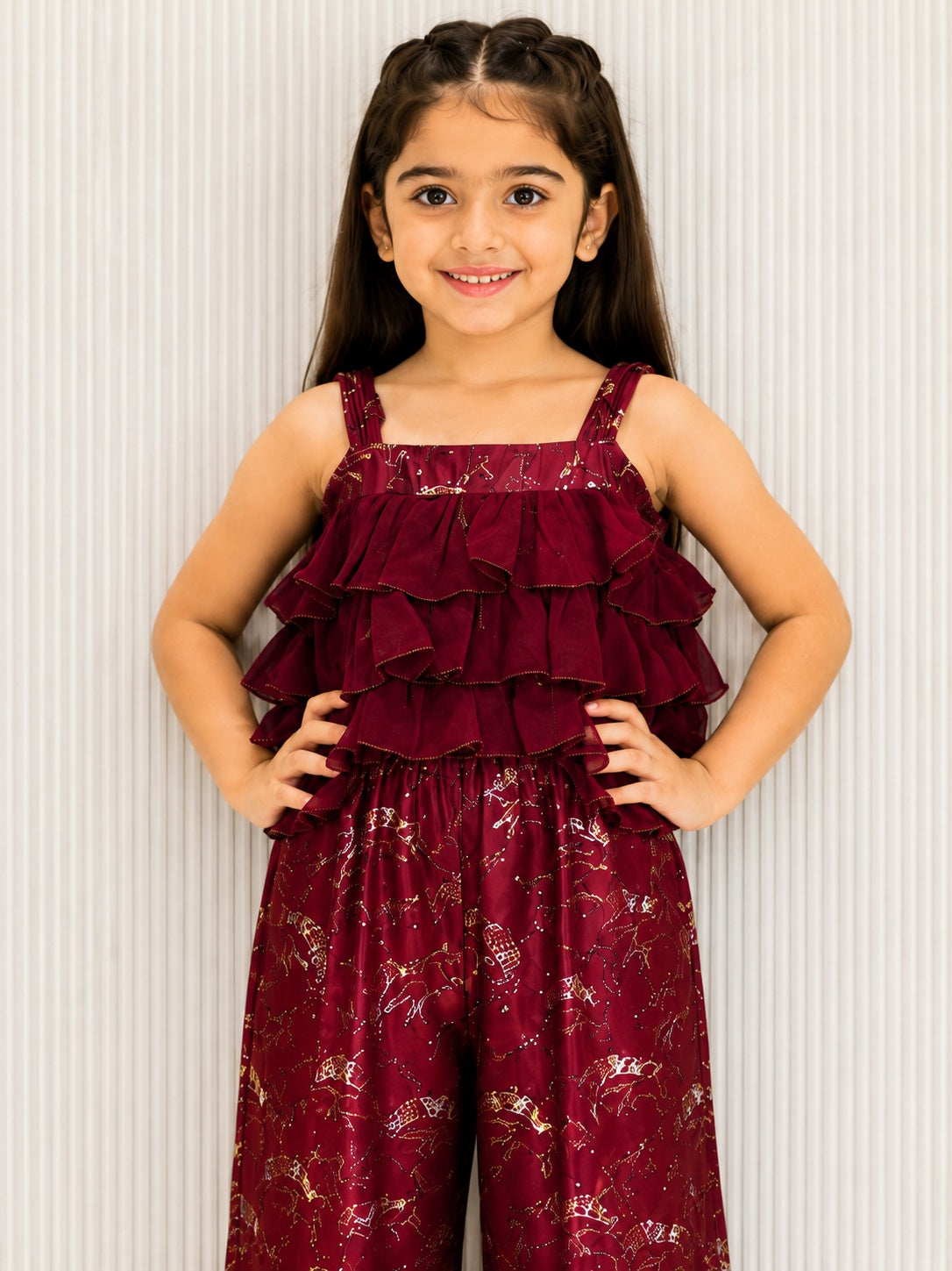 Elaisha Girls Woven Satin Printed Ruffled Jumpsuit -Maroon