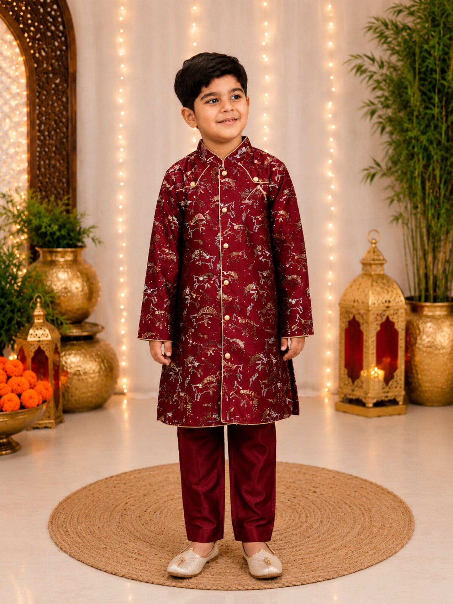 Elaisha Boys Woven Satin Printed Kurta & Pajama Set -Maroon