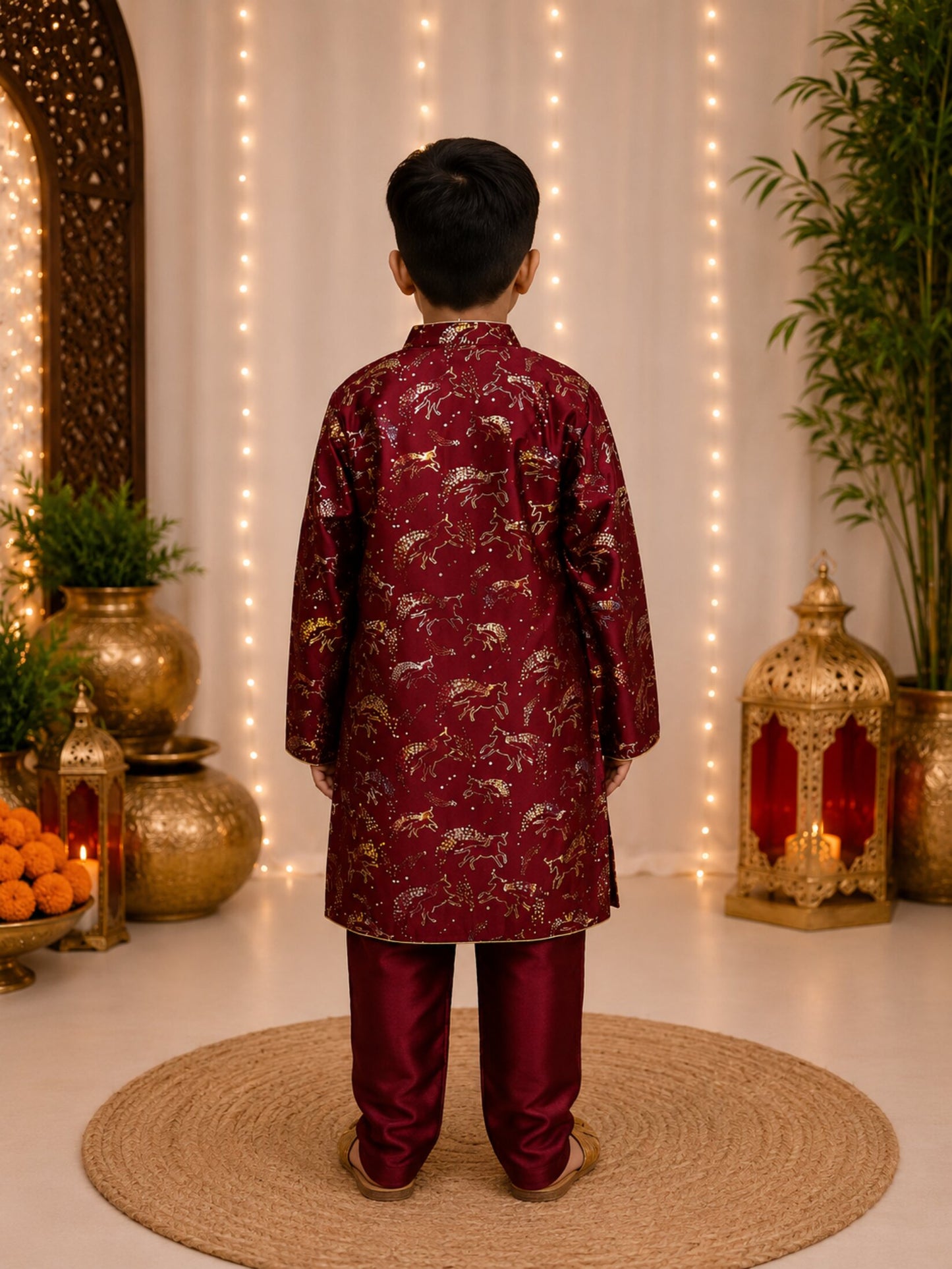 Elaisha Boys Woven Satin Printed Kurta & Pajama Set -Maroon