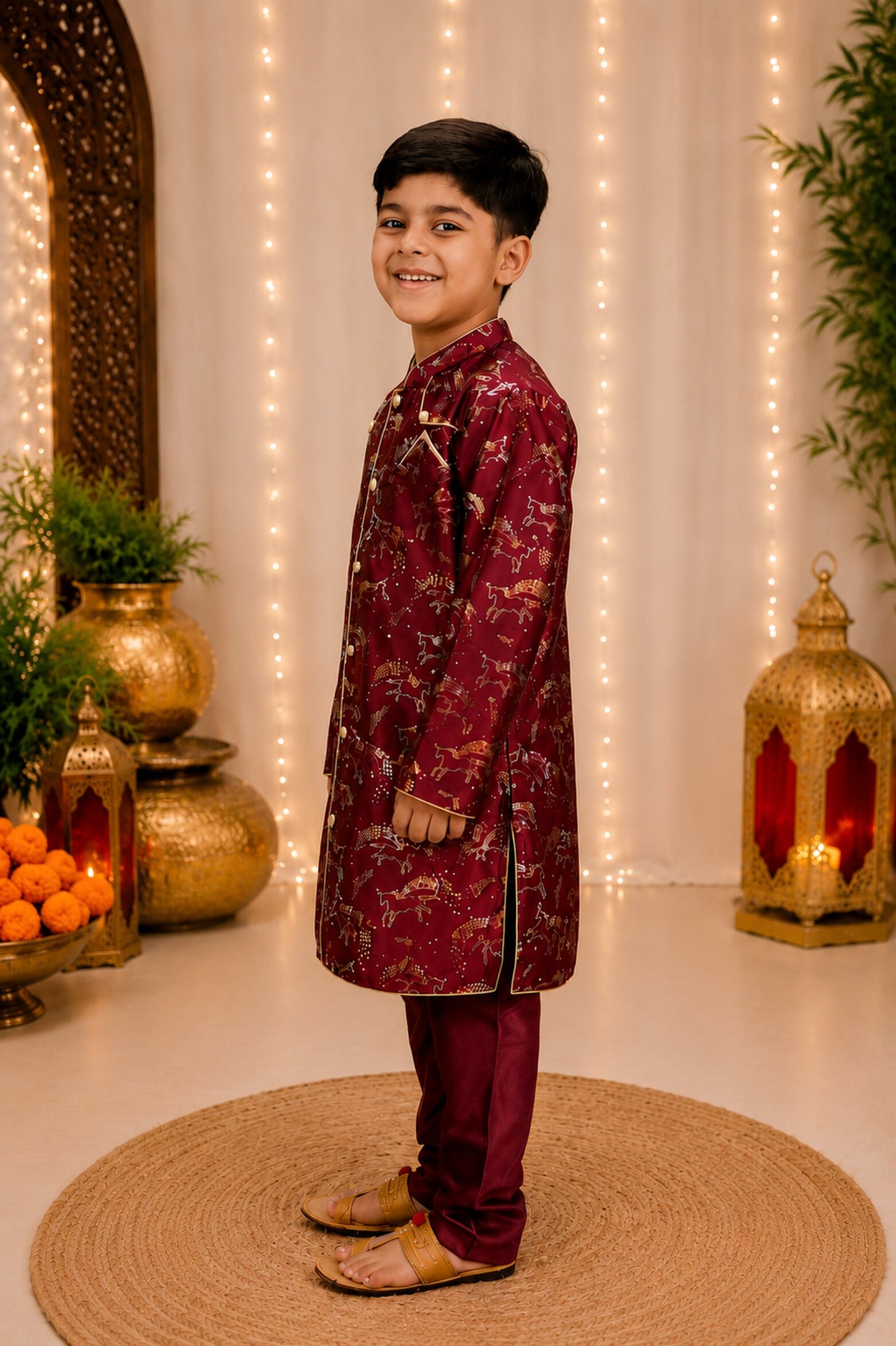 Elaisha Boys Woven Satin Printed Kurta & Pajama Set -Maroon
