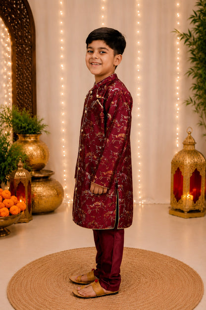 Elaisha Boys Woven Satin Printed Kurta & Pajama Set -Maroon