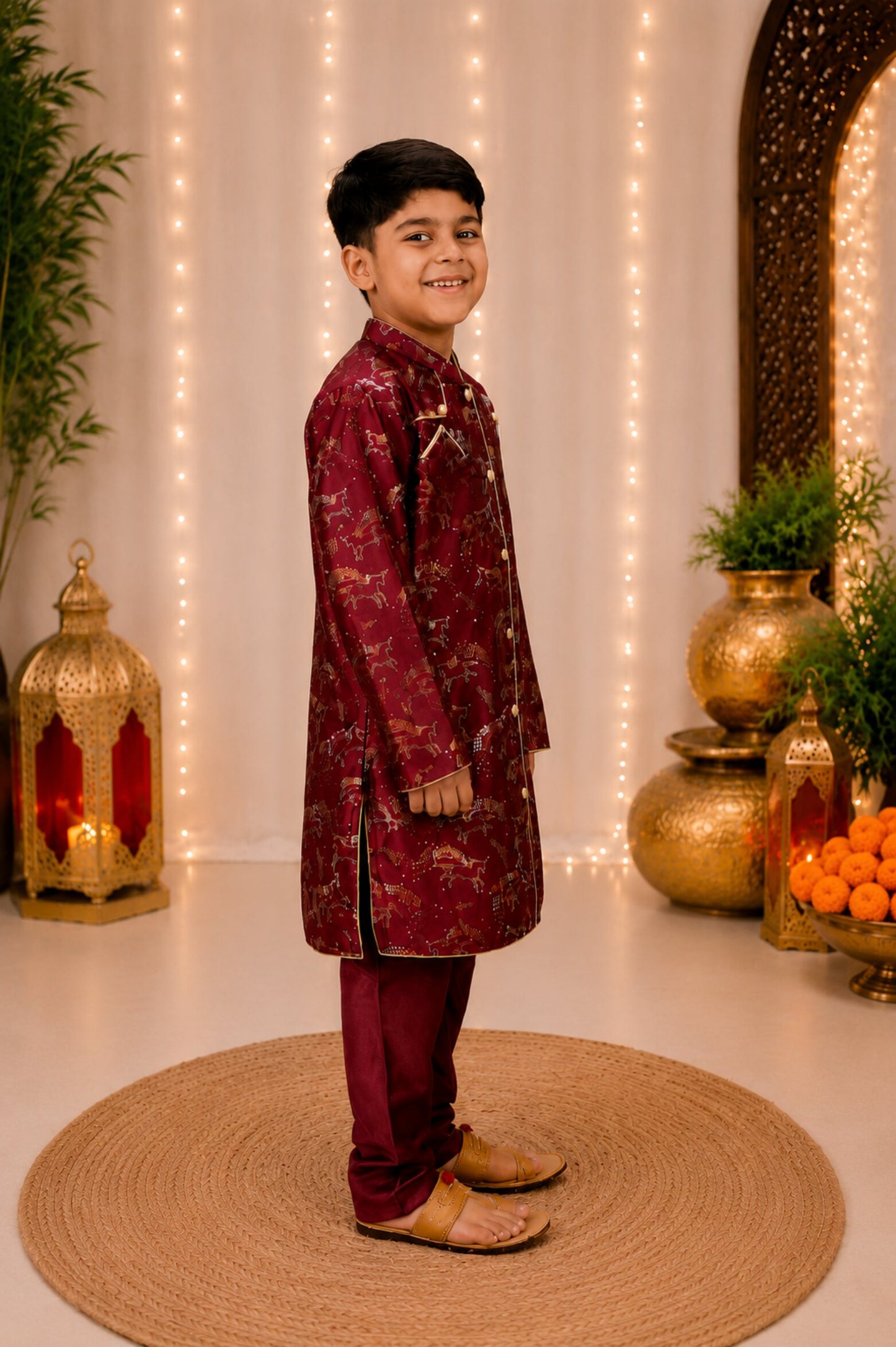 Elaisha Boys Woven Satin Printed Kurta & Pajama Set -Maroon