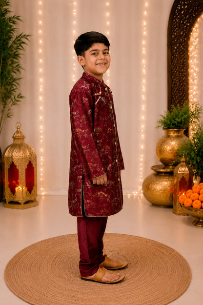 Elaisha Boys Woven Satin Printed Kurta & Pajama Set -Maroon