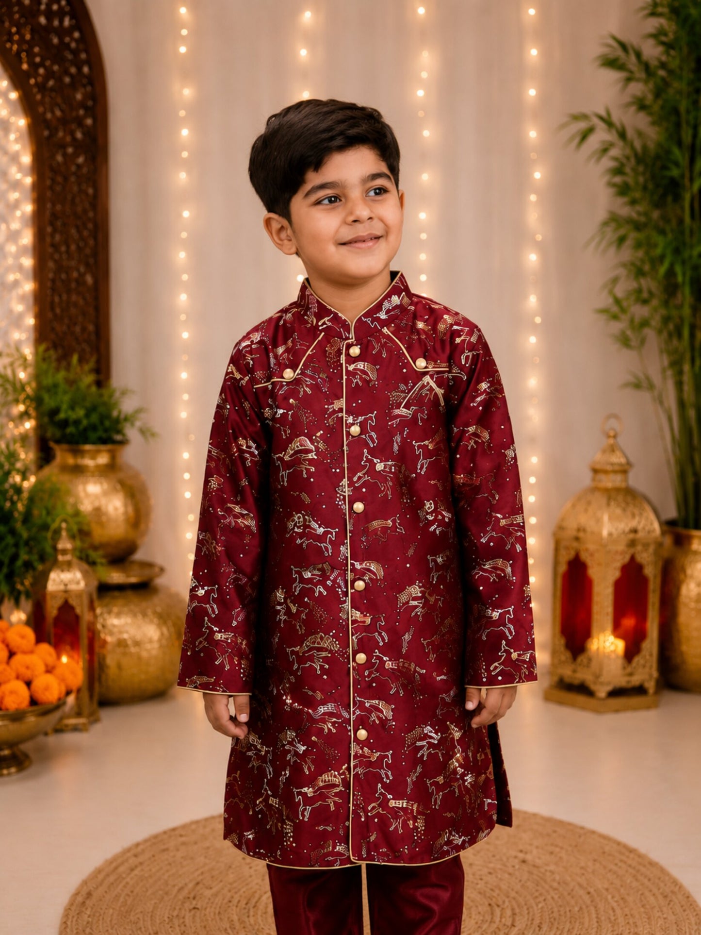 Elaisha Boys Woven Satin Printed Kurta & Pajama Set -Maroon
