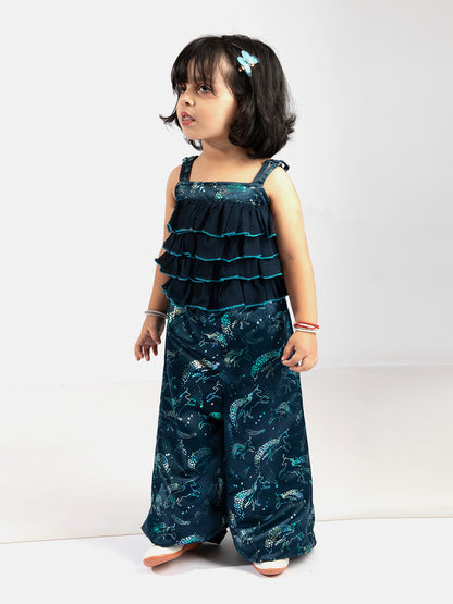 Elaisha Girls Spaghetti-Strap Ruffled & Shimmering Unicorn Printed Jumpsuit - Navy Blue